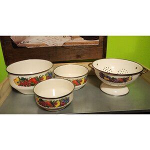 VTG Enamel Mixing Bowl & Colander Set Fruit Design Induction & Gas Compatible